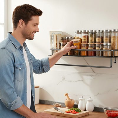 homme rangement epices comptoir planche bois