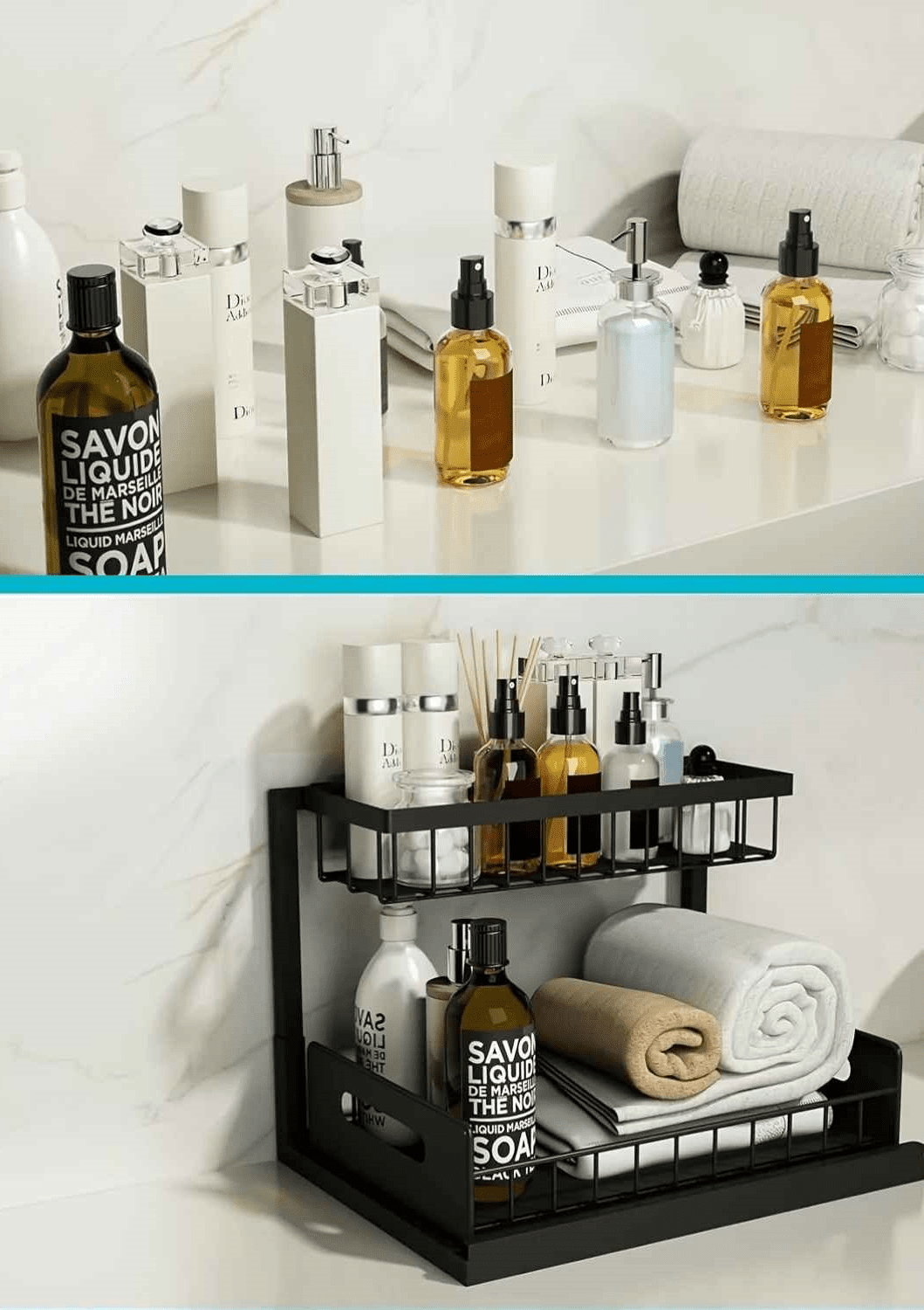 meuble range sous evier sur comptoir fond blanc