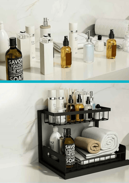 meuble range sous evier sur comptoir fond blanc
