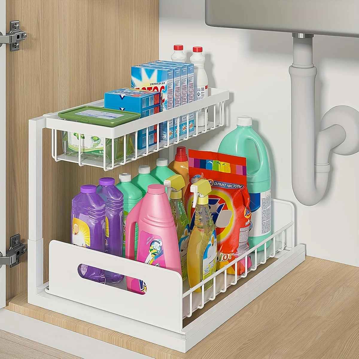 rangement sous evier coulissant blanc armoire bois tuyau blanc