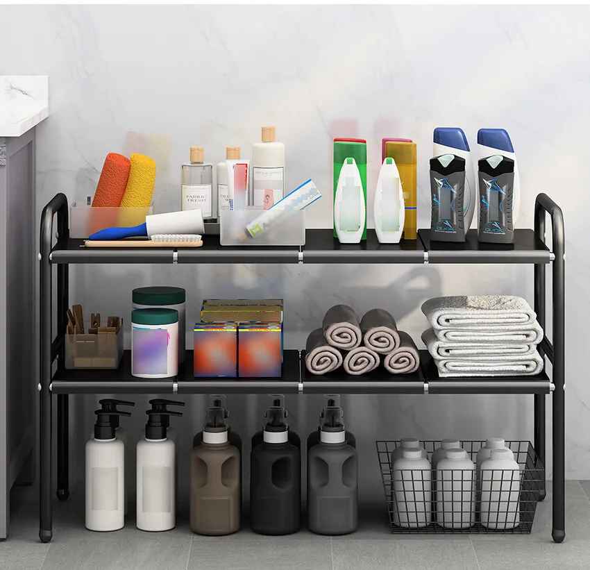 rangement sous evier extensible- rempli produits trois etages